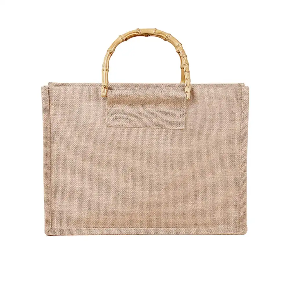 Vintage Jute Jute Draagtas Met Bamboe Handvatten Handtas Herbruikbare Tassen Voor Boodschappen, Jute Strand Of Boodschappentas