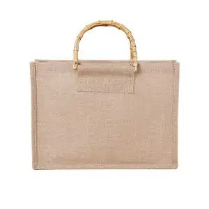 Vintage Jute Burlap Tote Bag With Bamboo Handles Handbag Reusable Bags For Grocery Jute Beach Or Shopping Bag