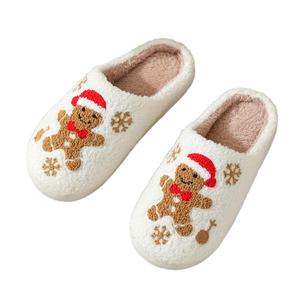 Pantuflas de invierno de la serie navideña con diseño de copo de nieve y jengibre, de felpa artificial, cerradas, suaves, antideslizantes para mujer, para el hogar, al por mayor - Product Image 1