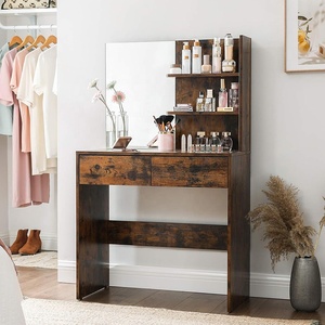 Винтажная коричневая Косметическая станция с открытыми полками и закругленными углами с 2 ящиками и зеркальным деревянным столиком для макияжа для спальни - Product Image 2