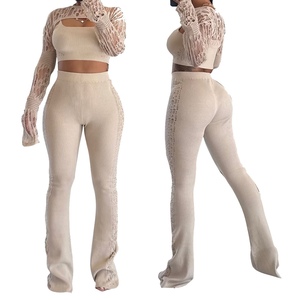 ชุดเซ็ตแฟชั่น 3 ชิ้น เสื้อครอปแขนยาวคอปกแบบโปร่ง เสื้อสายเดี่ยว และกางเกงไหมพรมสำหรับผู้หญิง สไตล์ลำลอง - Product Image 6