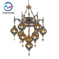 Lustre turc en fer mosaïque à 10 lumières, style marocain vintage, fait main, verre teinté, LED à intensité variable, bronze antique, 360° d'éclairage