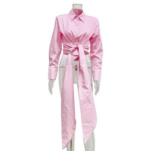 Camicie Larghe a Maniche Lunghe Rosa e Blu alla Moda, Camicie a Righe Streetwear, Blusa Casual da Donna in Popeline <span class=keywords><strong>con</strong></span> <span class=keywords><strong>Cintura</strong></span> - Product Image 4