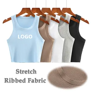 Custom Logo 5 Colors Solid Color Sport Basic Vest Stretch Plain Ribbed Cotton Sleeveless Crop Tank Tops Women Clothing 2021
