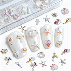 Décoration d'<span class=keywords><strong>ongles</strong></span> multi-styles thème Océan, 12 compartiments, étoile de mer, coquillage, cocotier, strass en alliage effet aurore, DIY, à poser - Product Image 2