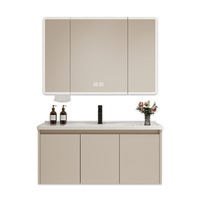 Meuble de salle de bain moderne avec lavabo en céramique intégré, ensemble vasque et miroir pour hôtel, en panneau de particules