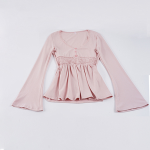 Top de Manga Larga con Escote Profundo en V, Estilo Dulce para Mujer, con Adorno de Encaje y Peplum - Product Image 6