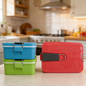 Stylish Portable <b>Plastic</b> <b>Lunch</b> <b>Box</b> Rectangle With Lid Blue Green Red Colors Student Use - Product Image 1