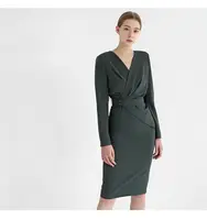 YHQZ213 yeni varış V boyun yeşil uzun kollu ofis elbiseler kadın resmi ruffles ile kemer parti elbiseler