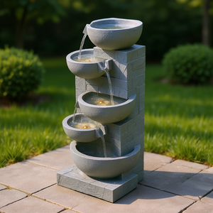 Fontaine d'eau extérieure en forme de bol à 5 niveaux, 31,5 pouces, cascade de pierres, design rustique, décoration de jardin - Product Image 2