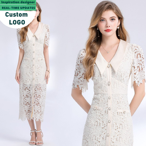 Robes décontractées élégantes pour femmes, style français, à manches courtes, en dentelle, col à revers, coupe ajustée - Product Image 2