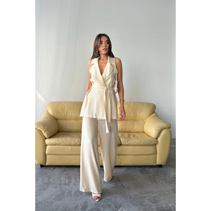 Conjunto de chaleco y pantalones de lino beige para mujer, talla S, pantalones de pierna ancha, top sin mangas cruzado, atuendo informal - Product Image 6