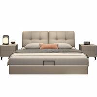 Lit de rangement moderne rembourré avec sommier relevable et tiroirs latéraux : Lit plateforme en similicuir capitonné à grille en gris clair