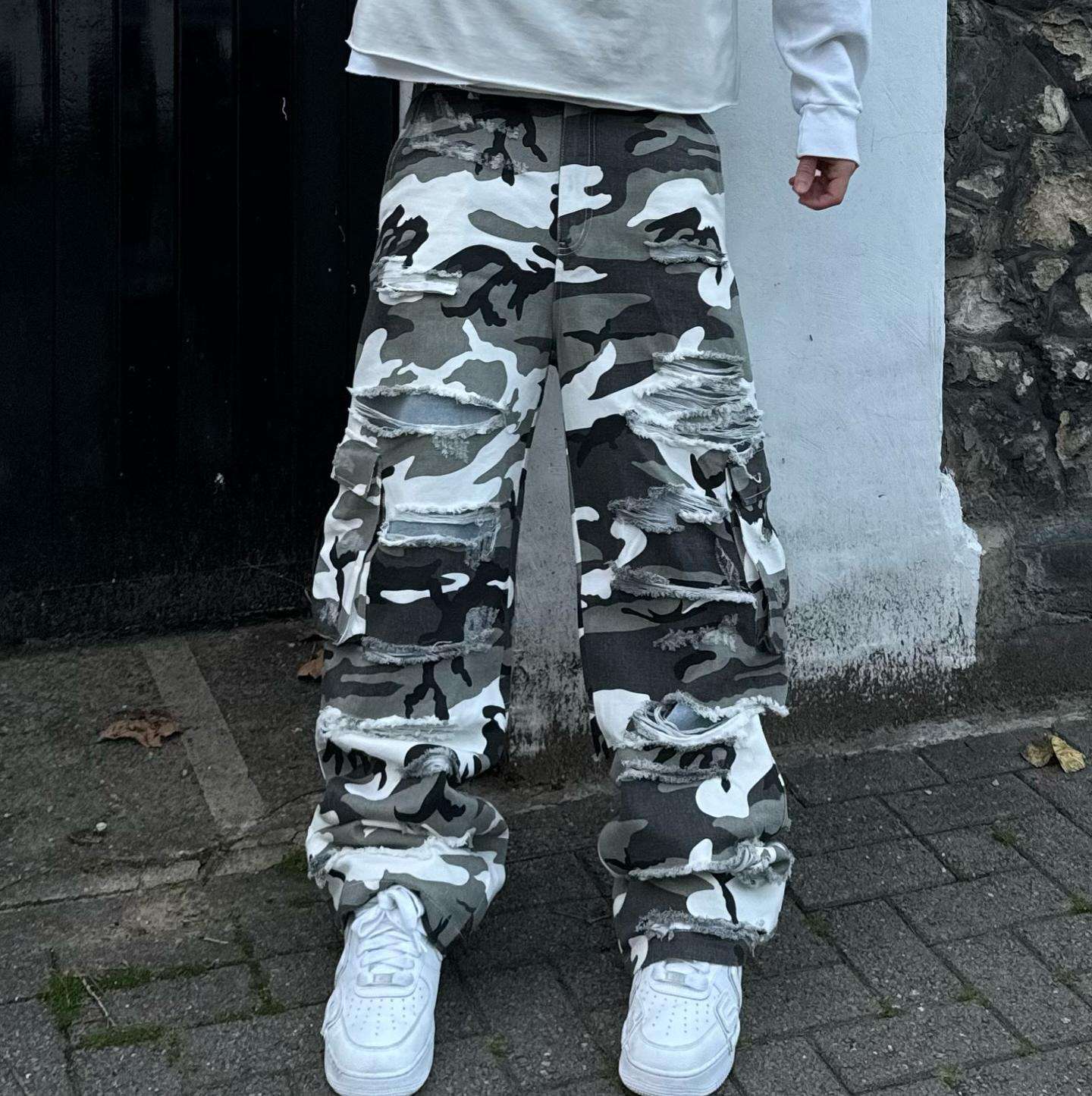 Camo Cargo Pants Ripped Camo Jeans Mens YmosrhMens Wild Cargo Pants Camo  Men Jeans Solid Color Ripped Holes Frayed Gradient Washed Trousers Pants