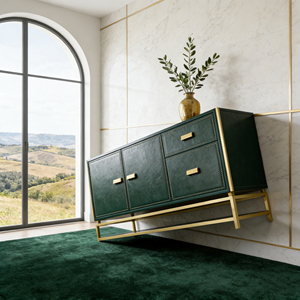Buffet de luxe en cuir vert foncé avec rivets, couleur et taille personnalisables, cadre en métal plaqué or, <span class=keywords><strong>armoire</strong></span> de rangement - Product Image 6