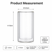Gobelet en verre à double paroi résistant à la chaleur 250 ml, en verre borosilicate transparent pour boissons chaudes et froides, logo personnalisé, vente en gros