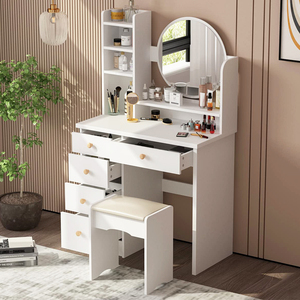 Miroir rond à LED avec écran tactile, <span class=keywords><strong>coiffeuse</strong></span> en bois avec tiroirs et étagères, table <span class=keywords><strong>de</strong></span> maquillage, table <span class=keywords><strong>de</strong></span> toilette, Schminktisch, Tocador <span class=keywords><strong>De</strong></span> Maquillaje - Product Image 3