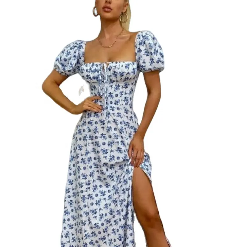 Ditsy पुष्प प्रिंट कश आस्तीन टाई सामने उच्च स्प्लिट ड्रेस महिलाओं Ruched Drawstring पार्टी लंबी पोशाक vestidos sundress