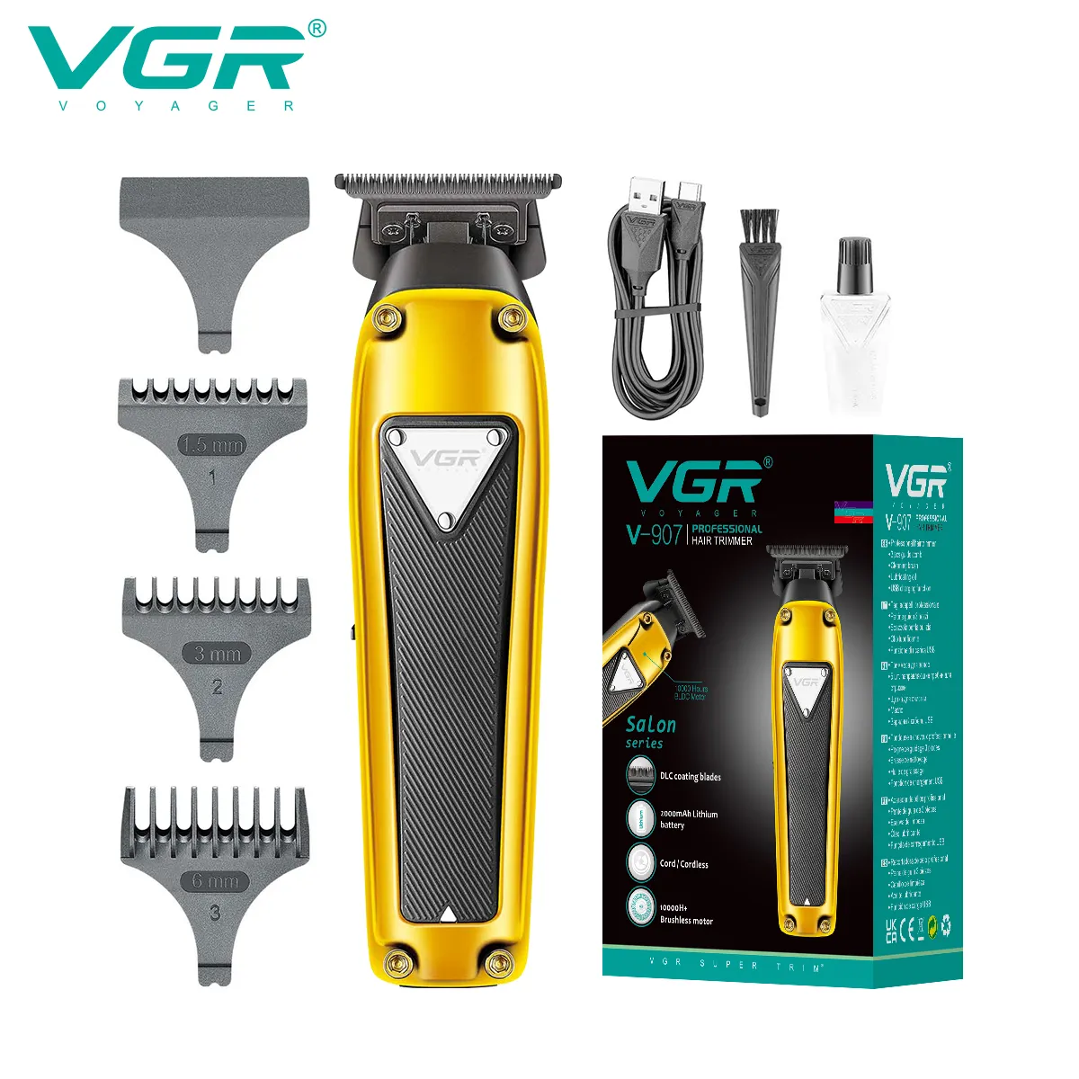 VGR V-907 profissional cerâmica lâmina cabelo aparador com motor 10000 brushless para homens