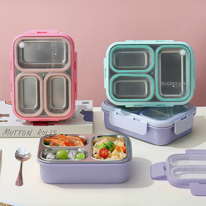 Kotak Bekal Mewah 4 Sekat untuk Anak Sekolah 850ml Anti Bocor Stainless Steel Peralatan Makan Anak Warna-warni 850ml - Product Image 2