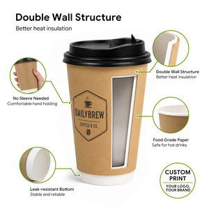 12oz Double Wall Eco-Friendly Food Grade Paper <b>Cup</b> for Hot Coffee Drinks Custom Printed <b>Disposable</b> Biodegradable Take Away Lid - Product Image 3