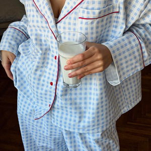 Set <span class=keywords><strong>Pigiama</strong></span> a Quadri in Puro <span class=keywords><strong>Cotone</strong></span> SMOOTH, Maniche Lunghe, Primavera ed Estate, Confortevole e Delicato sulla Pelle, Abbigliamento da Casa per Donne - Product Image 2