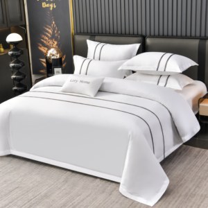 Vente flash : Ensemble <span class=keywords><strong>de</strong></span> literie d'hôtel en coton blanc avec bordure brodée double gris foncé, logo personnalisé accepté - Product Image 5