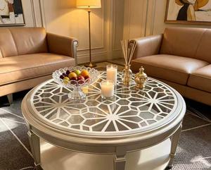 Champagne <b>Gold</b> <b>Round</b> Glass Coffee <b>Table</b> with Geometric Lattice Top & Lower Shelf - Product Image 6