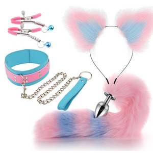 Ensemble de plug anal en métal pour adultes, godemichet anal <span class=keywords><strong>à</strong></span> <span class=keywords><strong>queue</strong></span> de renard bleu rose, 4 pièces, cosplay, dilatateur anal, jouets sexuels sexy pour femmes, masturbation anale - Product Image 2