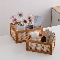 Boîte de rangement en bois de pin en vente chaude, panier de rangement en bois de rotin vintage, organisateur de livres tissé à la main en bois