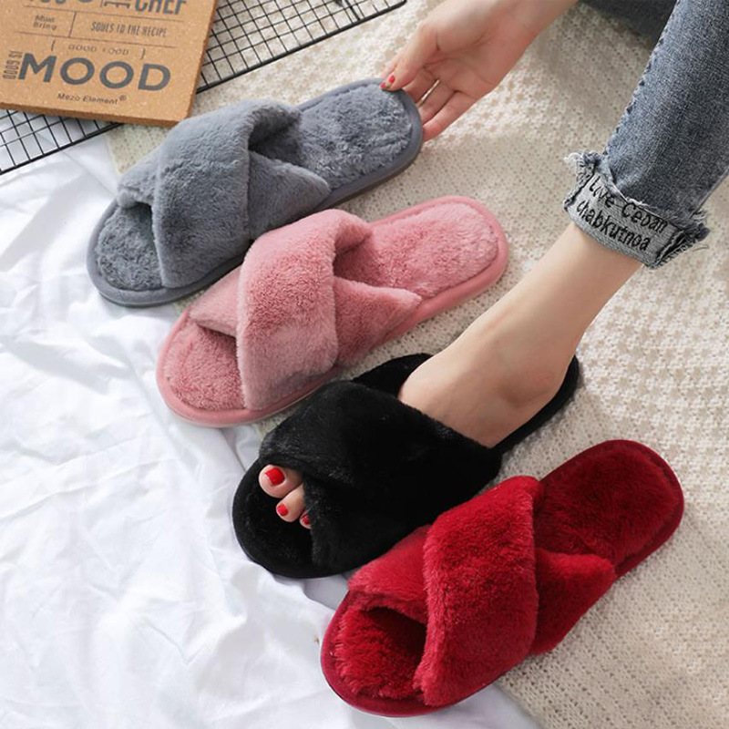 Тапочки женские домашние из искусственного меха, теплые, без застежки, плоская подошва, пушистые, сланцы, зимние, черные, розовые