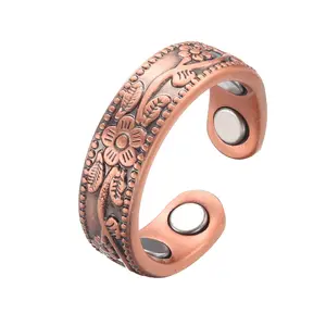 Magnet Flower Red Copper Rings Magnetic Health 7mm Wide Adjustable Open Cuff Ring Men Magnets Energy Rings for Women Arthritis