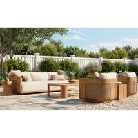 Ensemble de meubles de patio extérieur en teck massif moderne et écologique, canapé en tissu résistant aux intempéries, fauteuil, table basse en rotin, banc