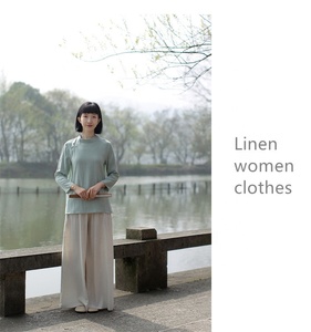 Camisa de lino sostenible para mujer, ropa de lino, Top <span class=keywords><strong>Cheongsam</strong></span>, blusas con cuello Mandarín de estilo chino, camisa de lino de Color sólido - Product Image 6