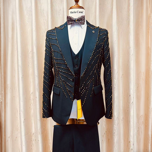 <span class=keywords><strong>Traje</strong></span> Brillante con Pedrería Personalizado para <span class=keywords><strong>Hombre</strong></span>, Esmoquin de 3 Piezas, Chaqueta, <span class=keywords><strong>Chaleco</strong></span> y Pantalones, Ropa Formal para Fiesta, Hecho a Mano con Cuentas, de Lujo - Product Image 4
