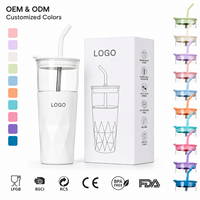 Gobelet isotherme double paroi en verre de 24 oz ODM, double usage, avec paille large pour smoothies et couvercle, pour camping en extérieur, pour femmes adultes