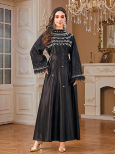 Abaya Brillante <span class=keywords><strong>de</strong></span> Satén Hecha a Mano con Pedrería para Mujer, Decoración <span class=keywords><strong>de</strong></span> Plumas en los Puños, Manga Larga Holgada, Vestido Maxi <span class=keywords><strong>de</strong></span> Lujo para Fiesta Musulmana - Product Image 6