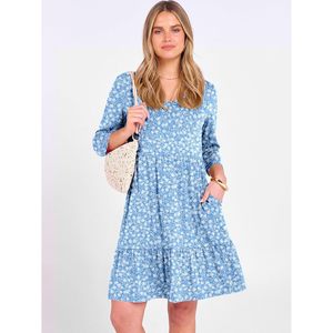 FOXA Vestido mini de manga 3/4 para mujer, cuello en V, fluido, con volantes, floral, estilo bohemio, línea A, informal, para verano, playa, vacaciones - Product Image 2