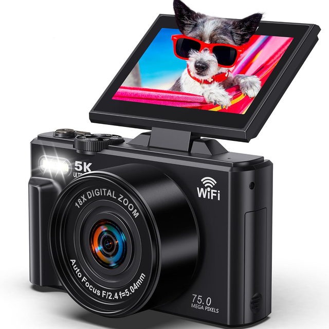 4K Digital Camera 5K 75MP Vlogging Camcorder with 180° Flip Touch Screen 18X WiFi Digital Zoom Video Camera for YouTube