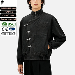 Veste en jean OEM avec logo personnalisé, boucle asymétrique de pompier, ourlet élastique, veste de mode streetwear OEM - Product Image 1
