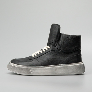 Baskets montantes en cuir véritable noir, bout rond, à lacets, semelle extérieure en caoutchouc, semelle intermédiaire en EVA, amorties, chaussures décontractées toutes saisons - Product Image 1