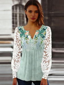 Chemisier plissé pour femme, printemps-automne, avec dentelle, manches longues, col en V cranté, boutonnage frontal, style tunique, pour usage quotidien décontracté - Product Image 5