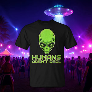 Camiseta de Disfraz de Festival OVNI con Cabeza de Extraterrestre para Adultos, Unisex, Manga Corta, Cuello Redondo, Algodón Negro, Estampado Gráfico - Product Image 3