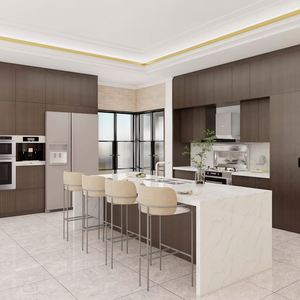 Conception moderne d'armoires de cuisine sur mesure avec portes en bois, panneau mélaminé et structure en MDF, plan de travail en quartz pour appartements - Product Image 1