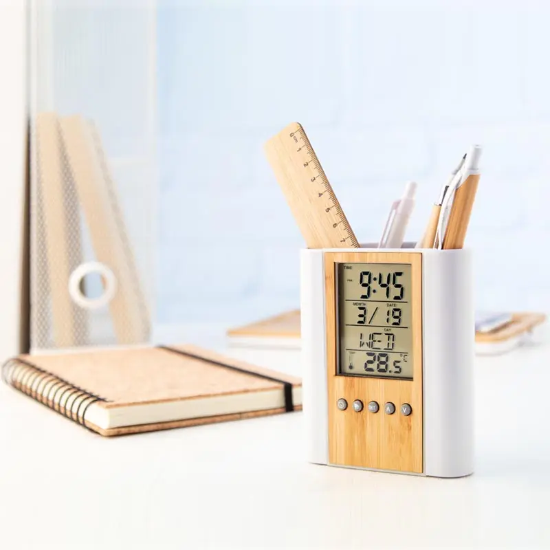 2024 Lcd Tafel Alarm Transparant Cadeau Promotie Reclame Digitale Kalender Bamboe Klok Met Pennenhouder