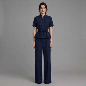 <b>Women</b> <b>Navy</b> Short Sleeve Stand Collar Zipper Peplum <b>Top</b> Wide Leg Pants 2 Piece Set - Product Image 1
