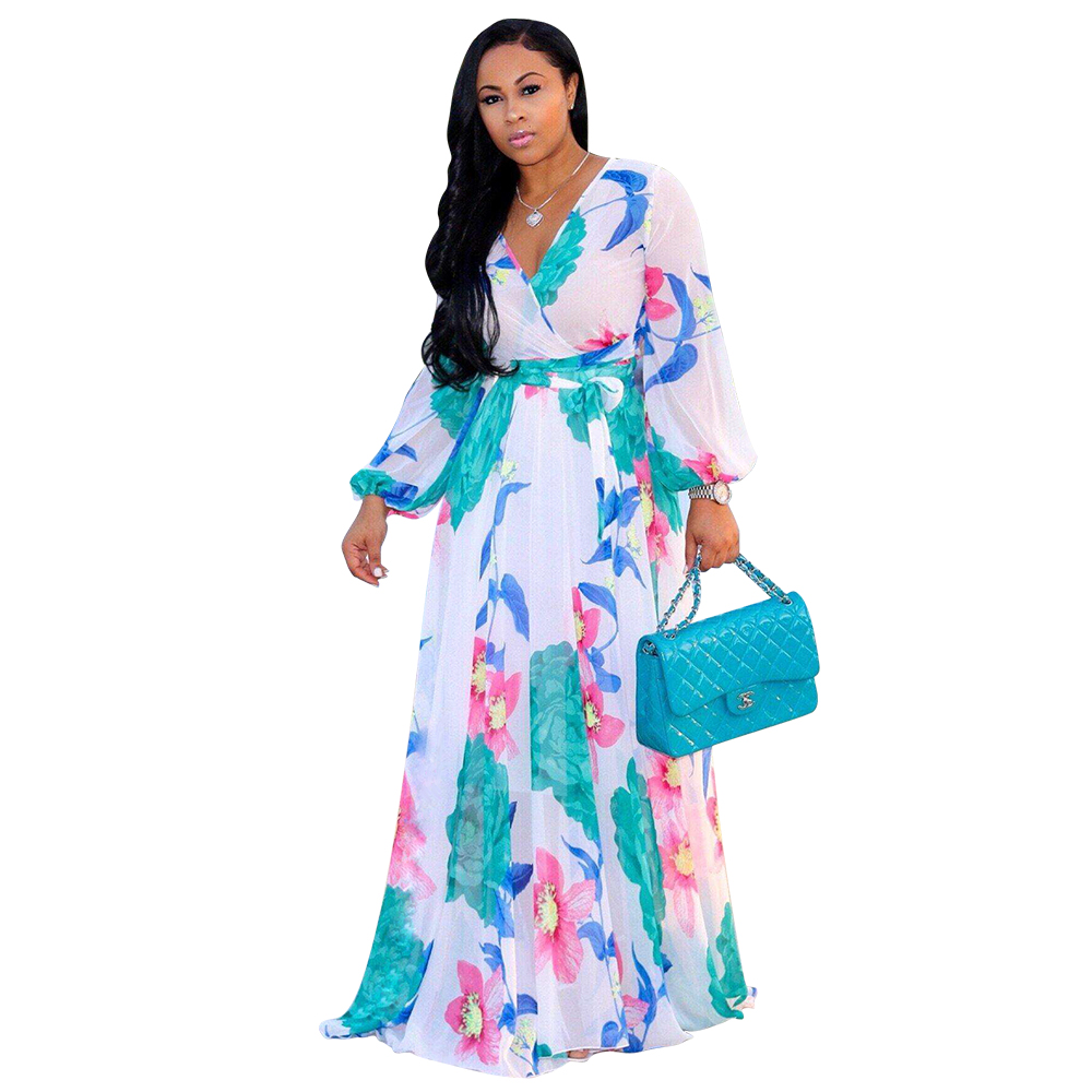 Floral V-Neck Maxi Dress for Women - Plus Size Long Sleeve Boho Casual  Party Dress, Eco-Friendly & Breathable Chiffon