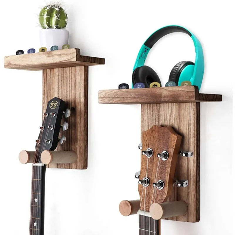 Wood Guitar Wall Mount Hanger Holder Guitar Hanger Shelf with Pick Holder Wood Guitar Rack Accessories