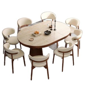 Vintage Style Oval <b>Extendable</b> <b>Dining</b> <b>Table</b> With Stone Slab Top For Small Apartment Modern <b>Dining</b> Space - Product Image 5