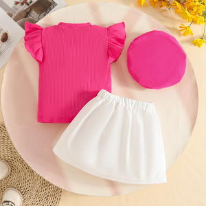 Ensemble OEM ODM d'été pour bébé <span class=keywords><strong>fille</strong></span> : haut côtelé sans manches à volants, jupe et chapeau béret avec nœud pour enfants - Product Image 4